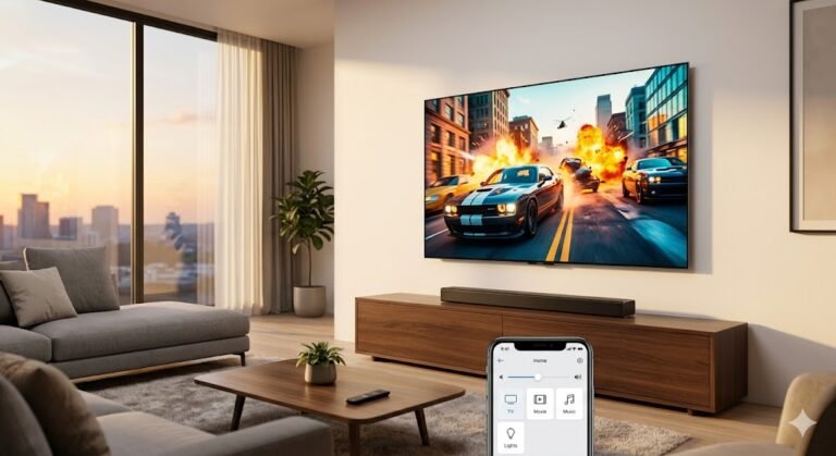 Salón moderno y minimalista con una televisión mostrando una película y una barra de sonido inteligente delgada debajo, controlada por un smartphone durante el atardecer (golden hour).