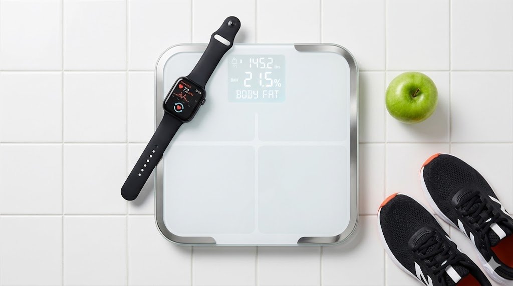 Báscula inteligente blanca mostrando el porcentaje de grasa corporal junto a un smartwatch negro con datos de salud sincronizados, rodeados de zapatillas deportivas y una manzana sobre azulejos blancos.