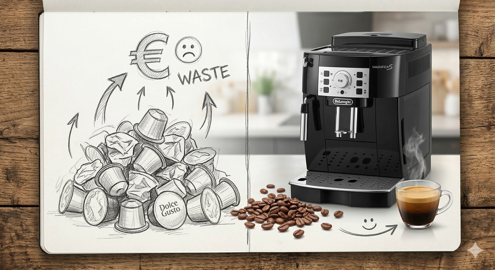 Ilustración a lápiz comparando el gasto de cápsulas de café Nespresso frente al ahorro de una cafetera superautomática De'Longhi de grano.