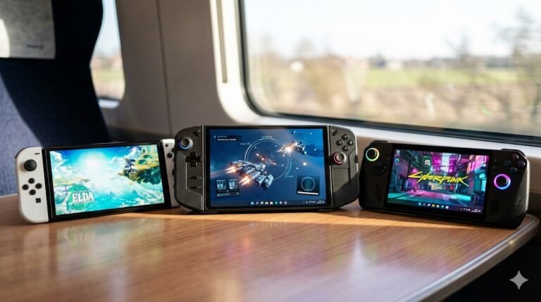 Tres consolas portátiles (Nintendo Switch, Lenovo Legion Go y ASUS ROG Ally) dispuestas de forma elegante sobre la mesa de un tren en marcha, mostrando sus pantallas encendidas con diferentes videojuegos coloridos.