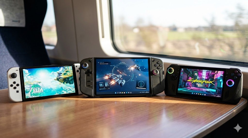 Tres consolas portátiles (Nintendo Switch, Lenovo Legion Go y ASUS ROG Ally) dispuestas de forma elegante sobre la mesa de un tren en marcha, mostrando sus pantallas encendidas con diferentes videojuegos coloridos.