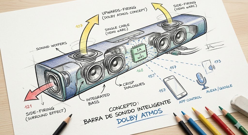 Ilustración estilo boceto a mano con lápices de colores que muestra un diagrama conceptual interno de una barra de sonido inteligente, destacando sus altavoces para Dolby Atmos, procesador WiFi y conectividad con asistentes de voz.