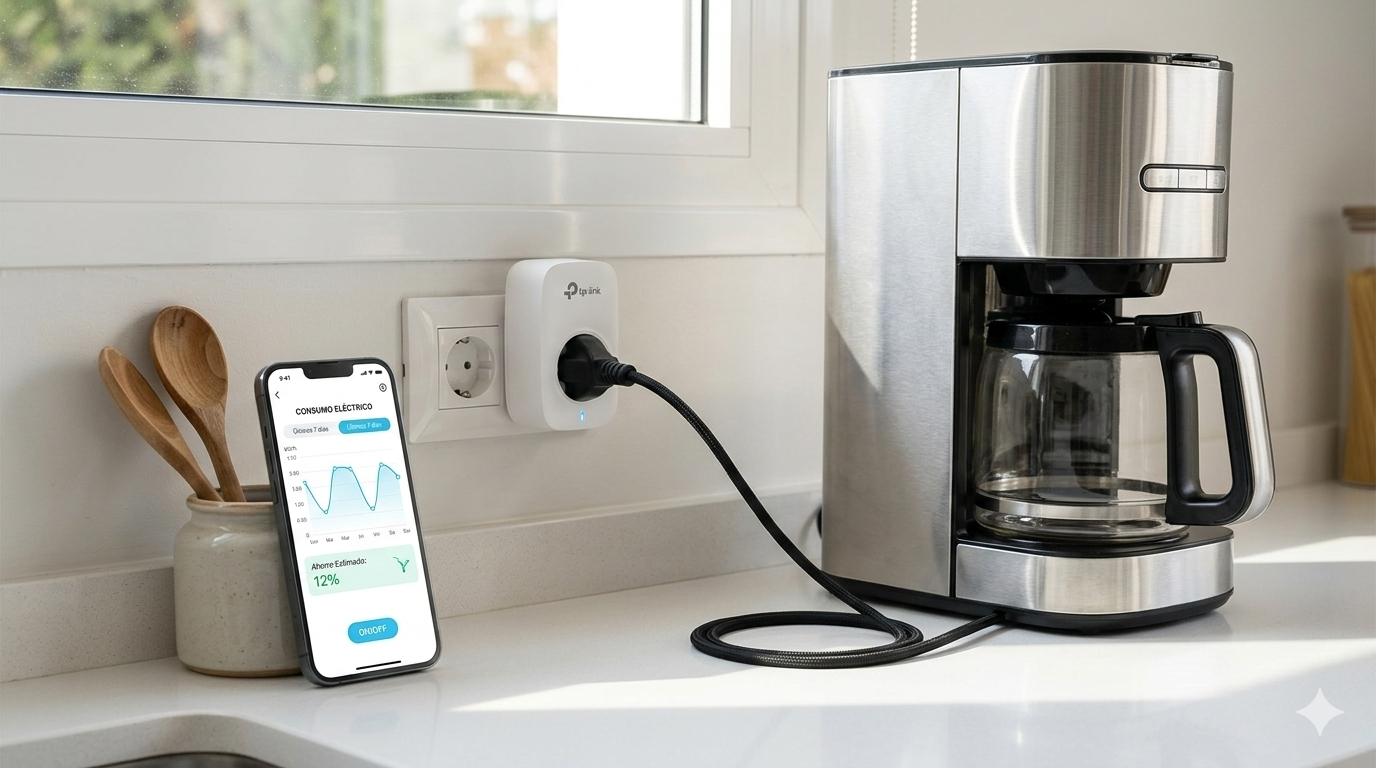 Enchufe inteligente con monitor de consumo y gráfica de ahorro energético en smartphone