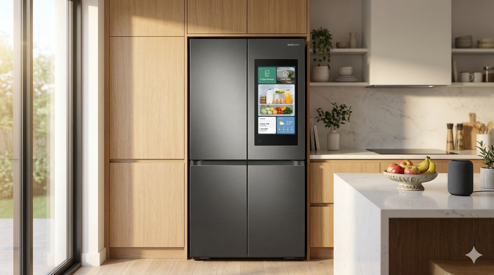 Comparativa de los mejores frigoríficos inteligentes de 2026 destacando un Samsung Family Hub en una cocina moderna.