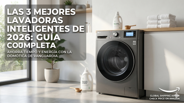 Portada del post: Las 3 mejores lavadoras inteligentes de 2026. Fotografía de lavadora LG con pantalla Wi-Fi en lavadero moderno.