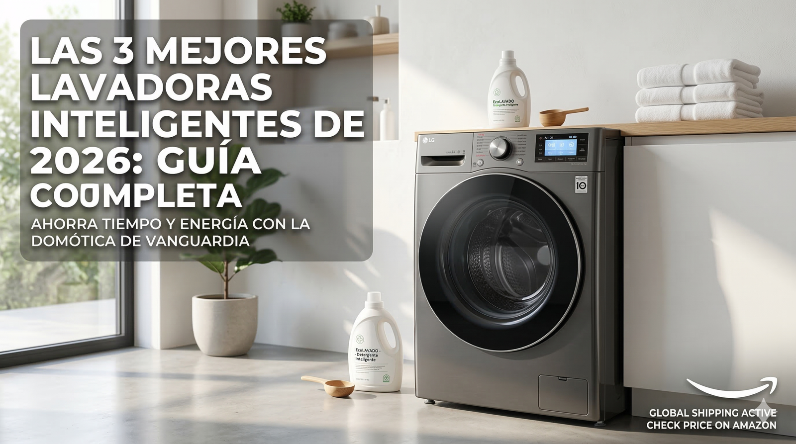 Portada del post: Las 3 mejores lavadoras inteligentes de 2026. Fotografía de lavadora LG con pantalla Wi-Fi en lavadero moderno.