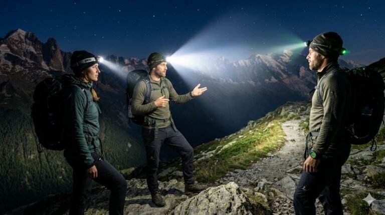Tres senderistas en la oscuridad total de la montaña, cada uno activando una linterna frontal diferente (Petzl, Ledlenser y Black Diamond), mostrando la diferencia real en el alcance y apertura de los haces de luz.