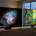 Comparativa visual entre dos pantallas de televisión modernas en un salón oscuro; una muestra el logo MiniLED con negros profundos y otra el logo QLED con colores vibrantes y brillantes, resaltando la diferencia de tecnología.