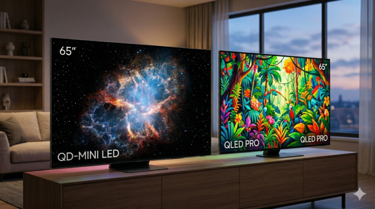 Comparativa visual entre dos pantallas de televisión modernas en un salón oscuro; una muestra el logo MiniLED con negros profundos y otra el logo QLED con colores vibrantes y brillantes, resaltando la diferencia de tecnología.