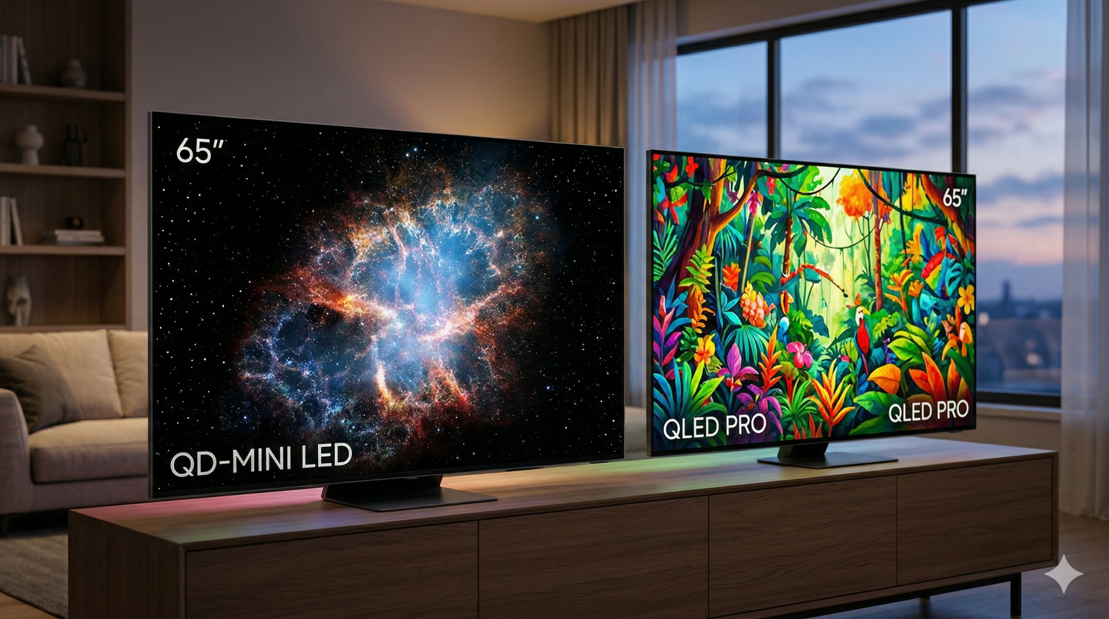 Comparativa visual entre dos pantallas de televisión modernas en un salón oscuro; una muestra el logo MiniLED con negros profundos y otra el logo QLED con colores vibrantes y brillantes, resaltando la diferencia de tecnología.