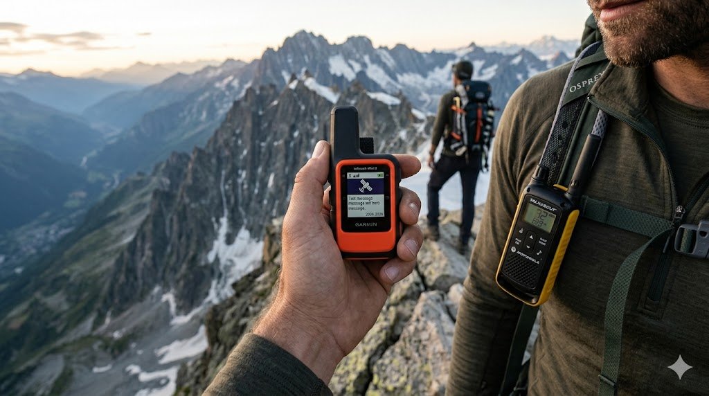 Primer plano de una mano sosteniendo el comunicador satelital Garmin inReach Mini 2 en una cresta de montaña, con el walkie-talkie Motorola T82 Extreme visible en la correa de la mochila.