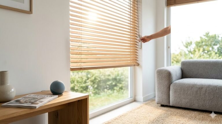 Automatización de persianas inteligentes sin obras en salón moderno.