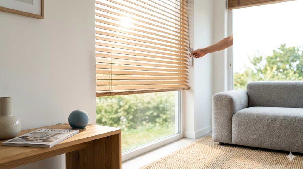 Automatización de persianas inteligentes sin obras en salón moderno.