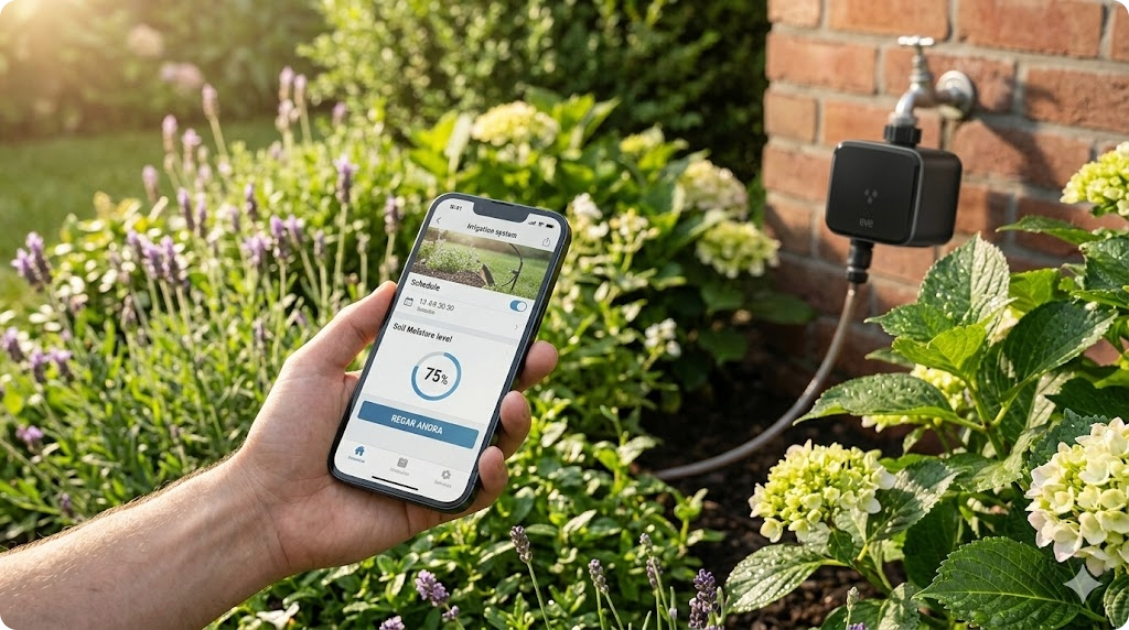 Un smartphone moderno mostrando una App de riego inteligente 'REGAR AHORA' sobre un jardín verde y cuidado con un controlador Eve Aqua al fondo enroscado en un grifo.
