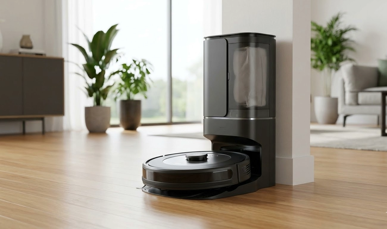 Robot aspirador de alta gama volviendo a su elegante base de autovaciado en un salón moderno y luminoso con suelo de madera, mostrando la comodidad del hogar inteligente.