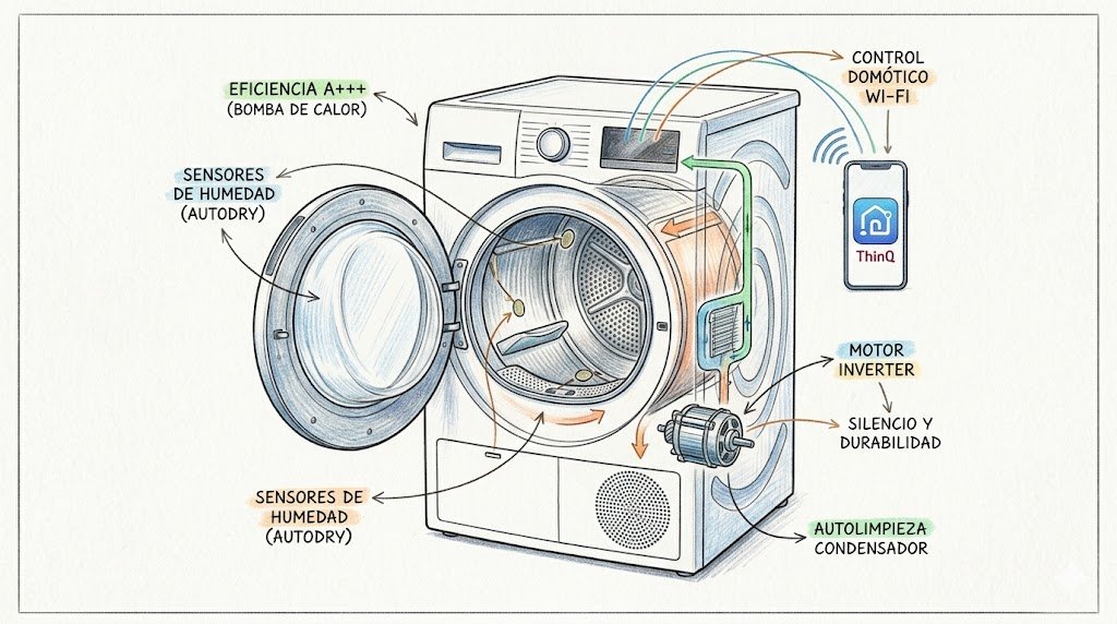 Boceto técnico a lápiz de colores que muestra un diagrama de corte de una secadora de bomba de calor (A+++), ilustrando el flujo de aire, los sensores de humedad y la integración Wi-Fi/domótica con un smartphone.