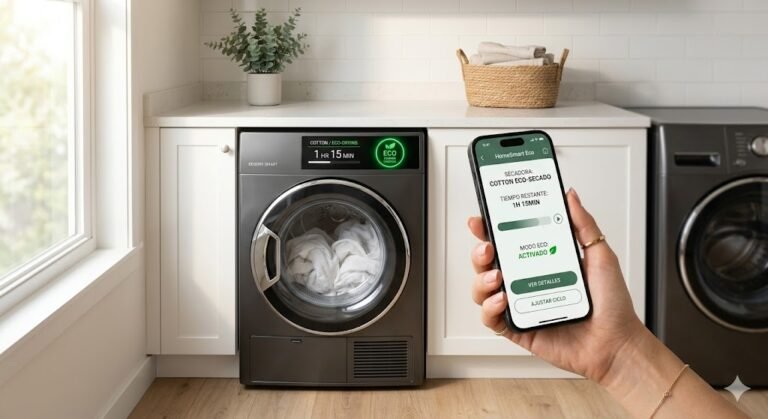 Fotografía en primera persona de una mano sosteniendo un smartphone con una aplicación de hogar inteligente que controla un ciclo de secado ecológico. Al fondo, una secadora inteligente de diseño moderno y color grafito en un cuarto de lavado luminoso y minimalista, con un icono verde de ahorro de energía brillando en su pantalla digital táctil.