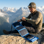 Bodegón tecnológico de senderismo sobre una roca: un reloj Garmin fēnix ​​7X Pro Solar mostrando mapas en pantalla, junto a un panel solar y una linterna frontal técnica en un campamento base de montaña.