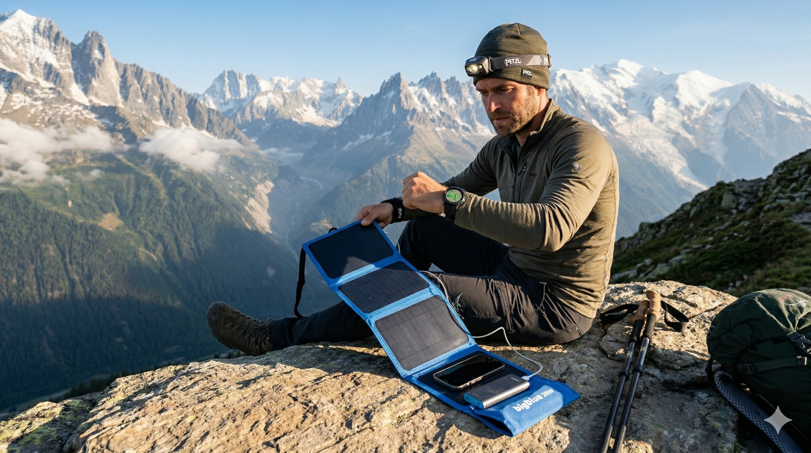Bodegón tecnológico de senderismo sobre una roca: un reloj Garmin fēnix ​​7X Pro Solar mostrando mapas en pantalla, junto a un panel solar y una linterna frontal técnica en un campamento base de montaña.