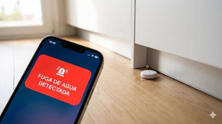 Notificación de alerta por inundación en un smartphone moderno con un sensor de agua blanco al fondo en una cocina.