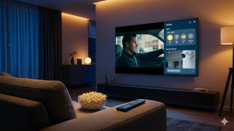 Salón moderno iluminado con luces LED donde una Smart TV sin bordes muestra una película y el panel de control domótico inteligente al mismo tiempo