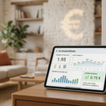 Interfaz de ahorro energético en tablet y enchufe inteligente en salón moderno