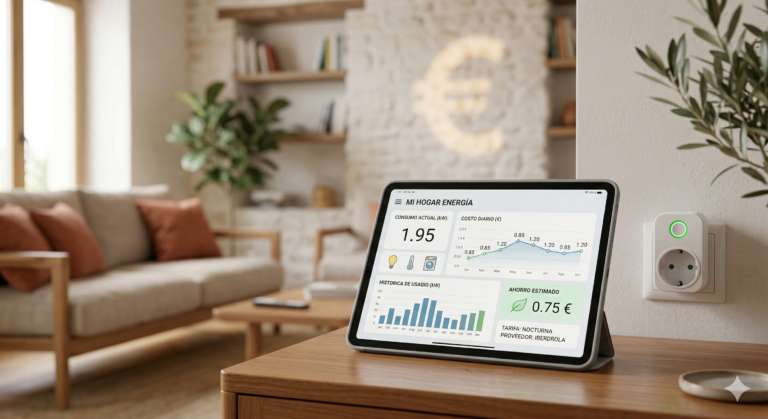 Interfaz de ahorro energético en tablet y enchufe inteligente en salón moderno