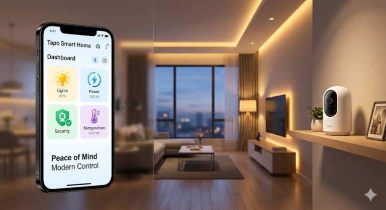 Smartphone controlando el ecosistema TP-Link Tapo en un salón moderno domotizado, comparativa con Xiaomi y Philips Hue.