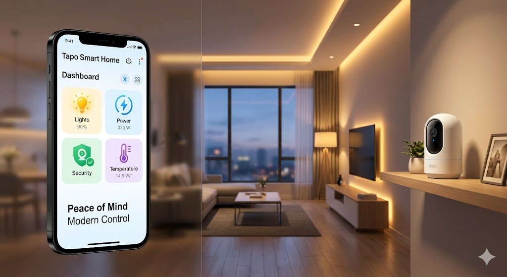 Smartphone controlando el ecosistema TP-Link Tapo en un salón moderno domotizado, comparativa con Xiaomi y Philips Hue.