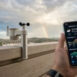 Estación meteorológica inteligente Netatmo instalada en una terraza moderna junto a un smartphone mostrando datos de temperatura y calidad del aire.