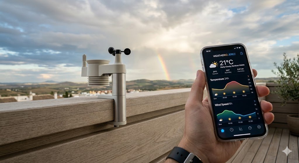 Estación meteorológica inteligente Netatmo instalada en una terraza moderna junto a un smartphone mostrando datos de temperatura y calidad del aire.