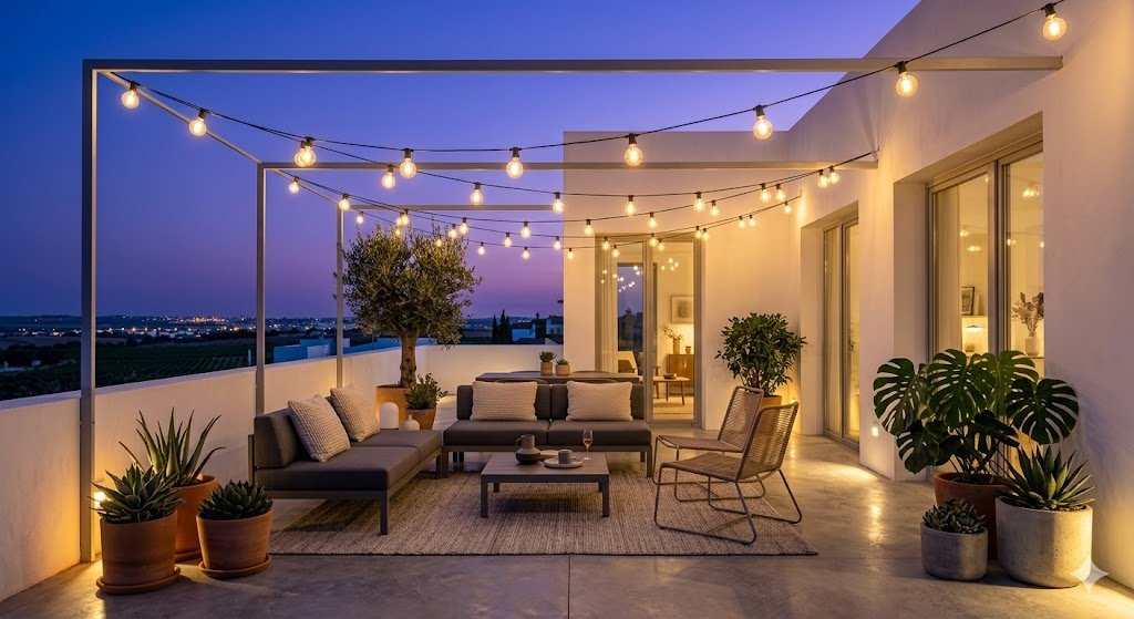 Terraza moderna decorada con guirnaldas de luces LED solares de estilo vintage al atardecer, creando un ambiente acogedor y chill-out.
