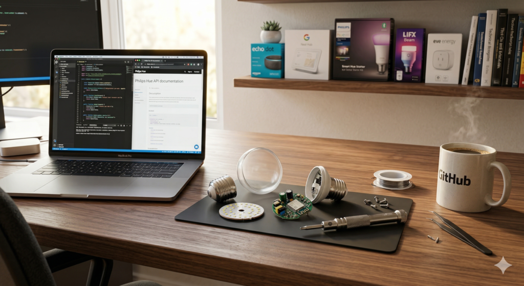 Escritorio de trabajo de Fernando, editor de Top Domótica Fácil, probando dispositivos inteligentes