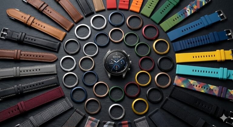 Smartwatch circular premium de aluminio junto a múltiples biseles y correas intercambiables, demostrando el ahorro al comprar accesorios en AliExpress.