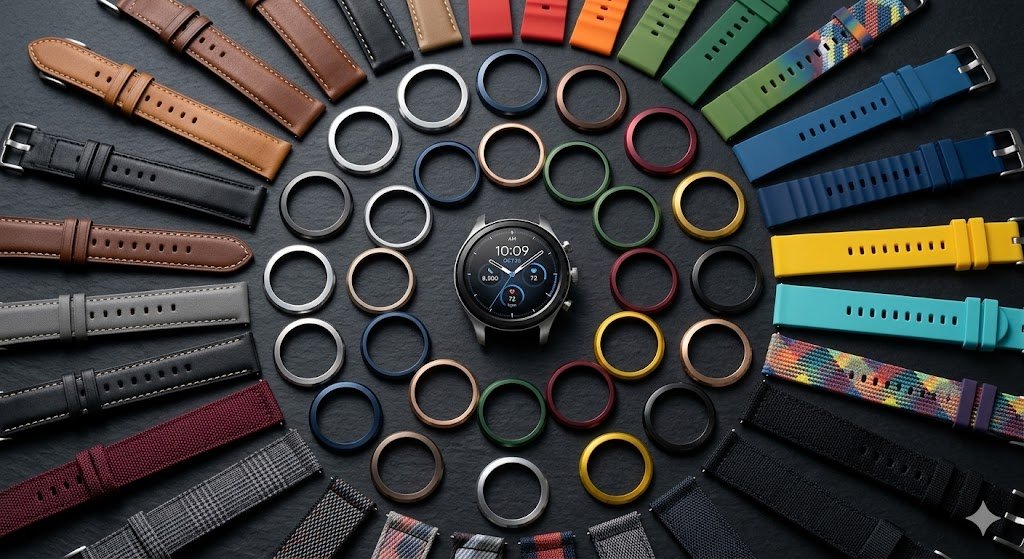 Smartwatch circular premium de aluminio junto a múltiples biseles y correas intercambiables, demostrando el ahorro al comprar accesorios en AliExpress.