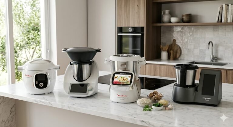 Comparativa de los 4 mejores robots de cocina de 2026: Cecotec Mambo CooKing, Taurus Mycook Next, Moulinex i-Companion y ClickChef en una cocina inteligente moderna.