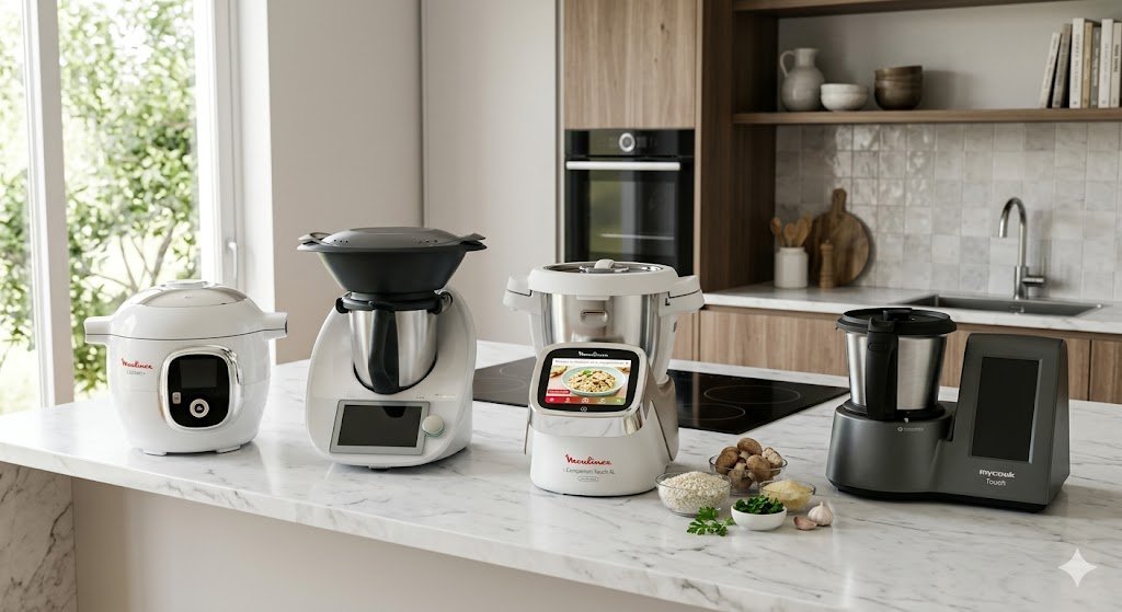 Comparativa de los 4 mejores robots de cocina de 2026: Cecotec Mambo CooKing, Taurus Mycook Next, Moulinex i-Companion y ClickChef en una cocina inteligente moderna.