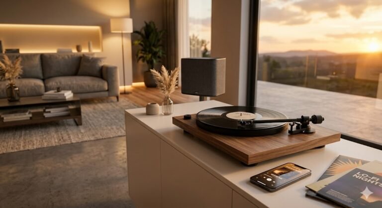 Tocadiscos Bluetooth de madera en un salón moderno con iluminación inteligente, representando la integración de audio analógico en un hogar domótico.