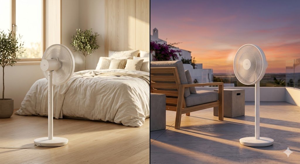Comparativa del ventilador inteligente Xiaomi Smart Fan 2 Pro inalámbrico y la versión con cable en un salón moderno.
